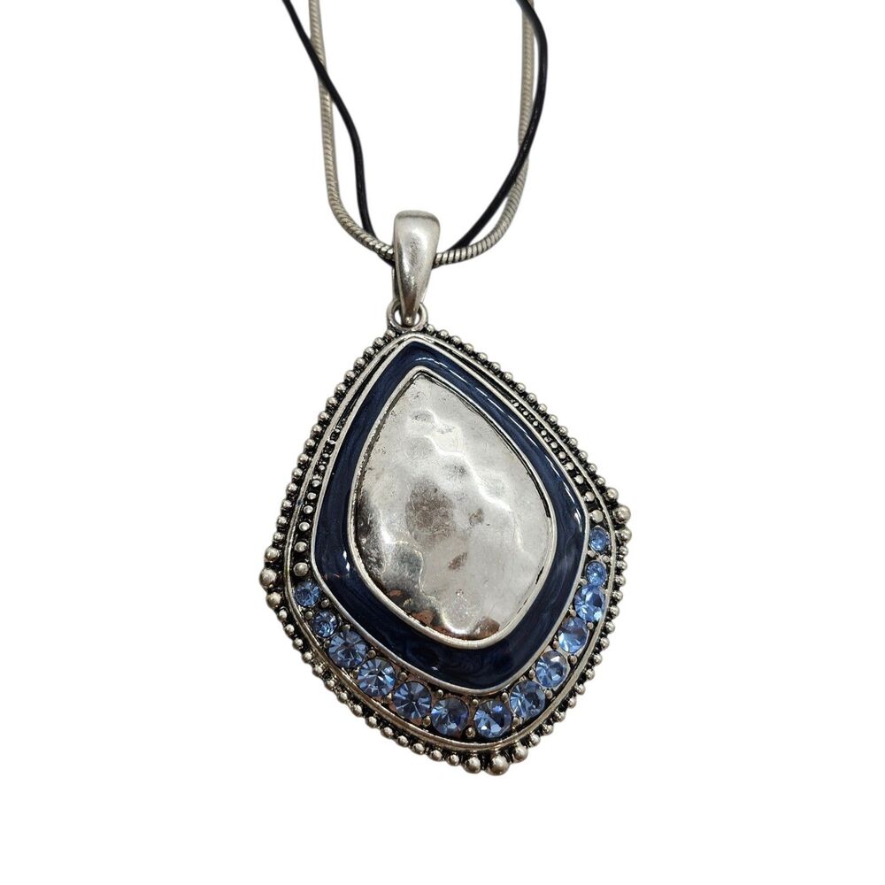 Premier Designs Silver Toned Blue Enamel / Rhinestone Pendant Necklace